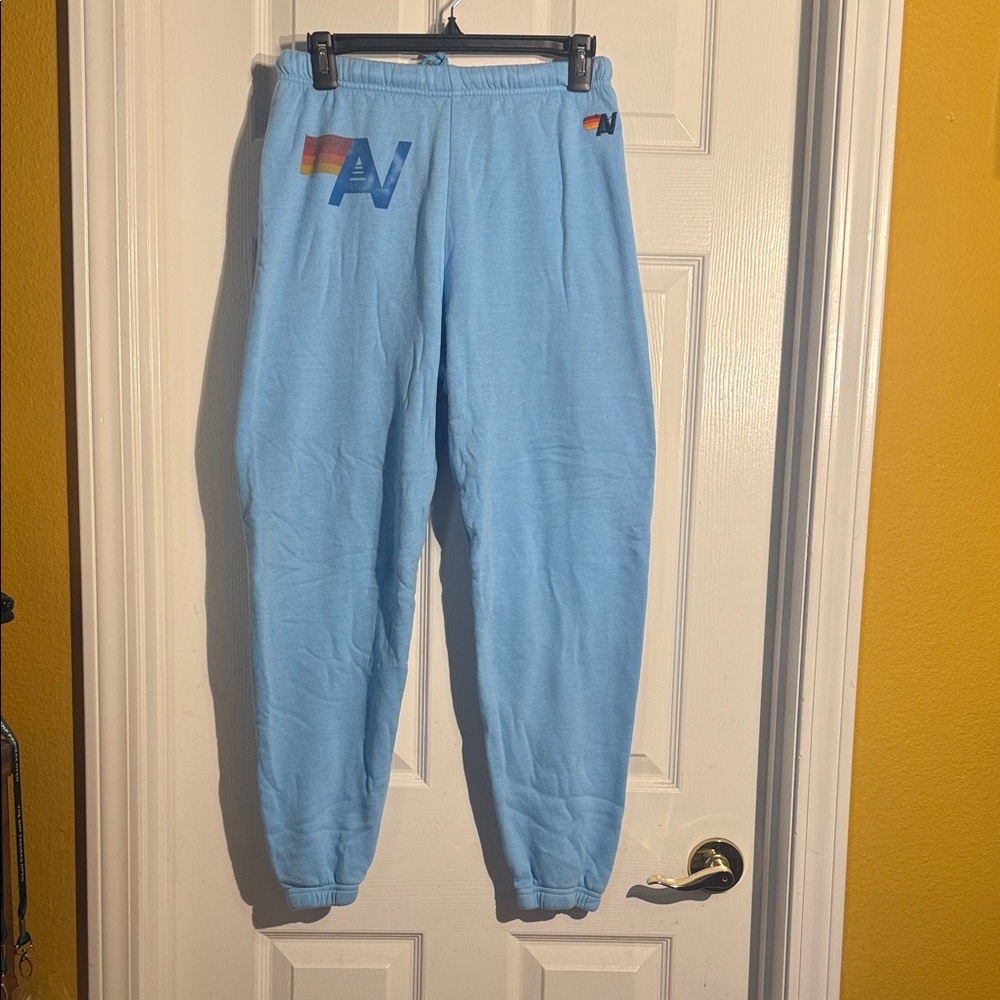 Aviator Nation Light Blue Sweatpants with Multicolor Logo